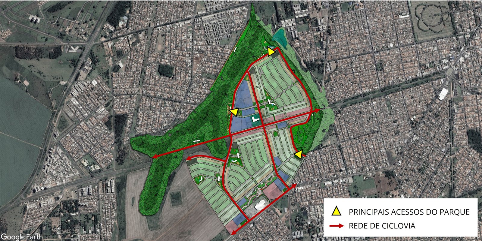 Mapa com os principais acessos do parque e a rede de ciclovia