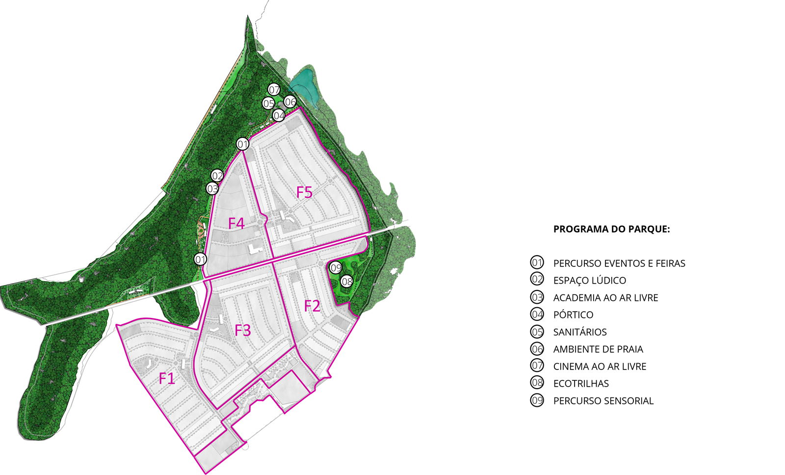 Programa do parque com setores F1 a F5
