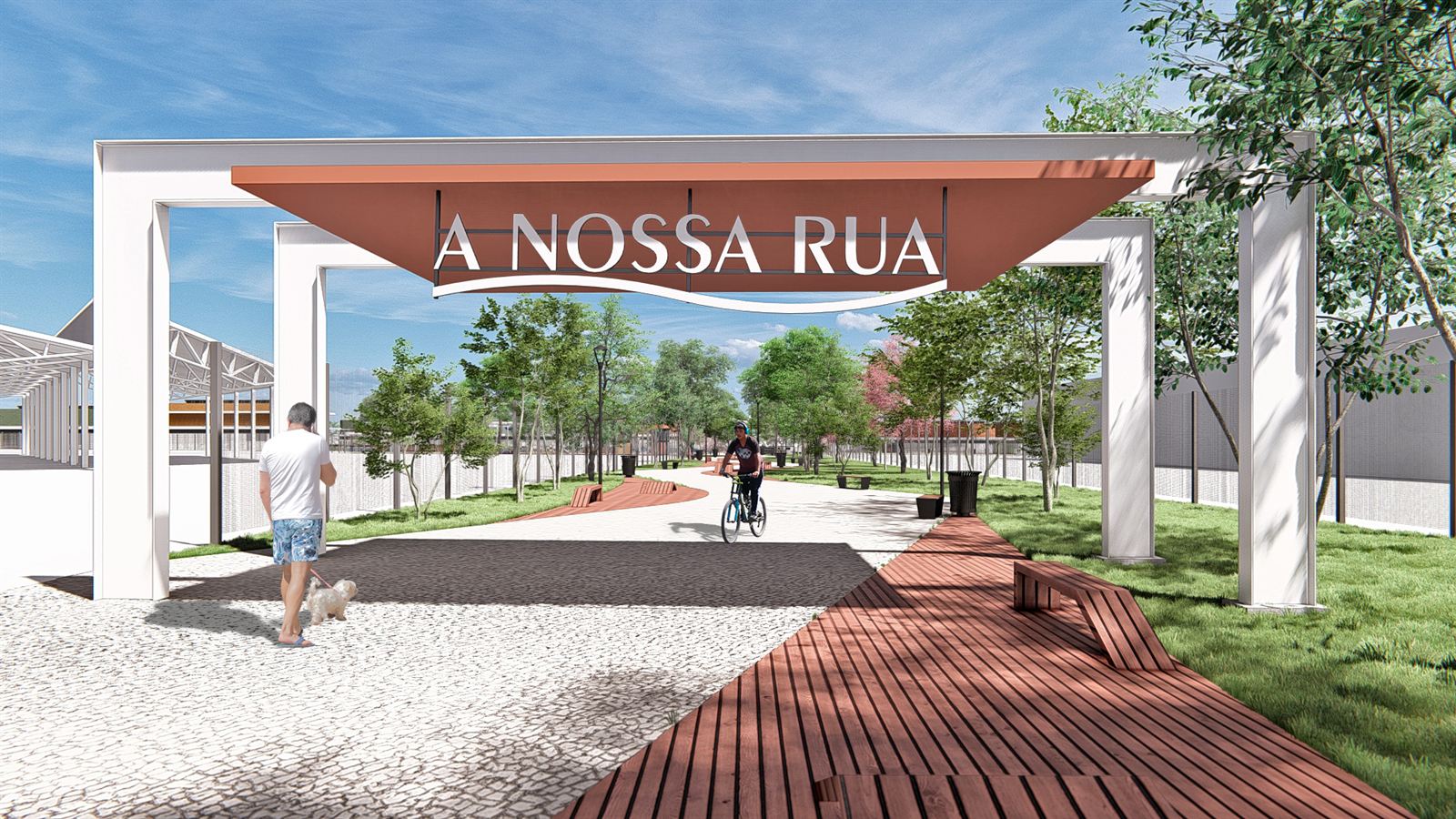 Perspectiva ilustrada do pórtico de entrada de A Nossa Rua, no bairro Veredas