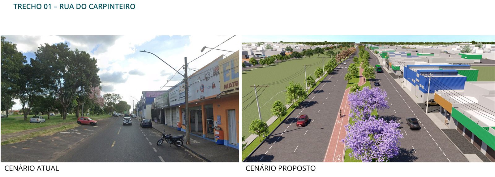 Comparativo da Rua do Carpinteiro: cenário atual e cenário proposto